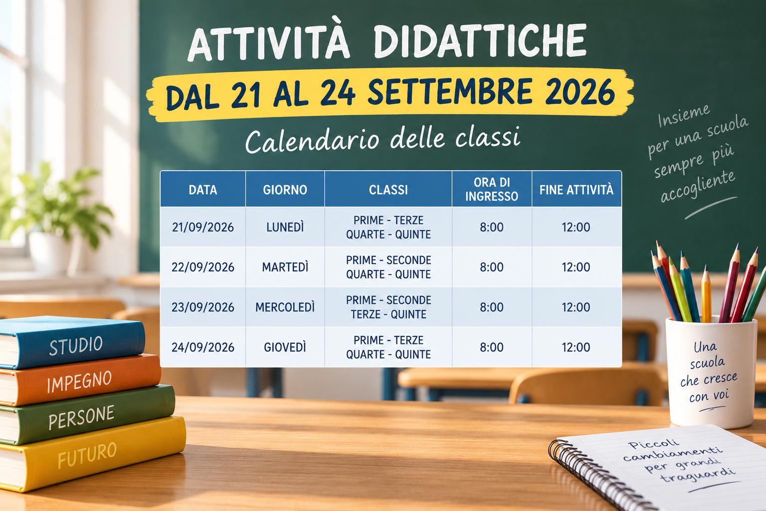 Attività didattiche dal 21 al 24 settembre 2026: calendario delle classi