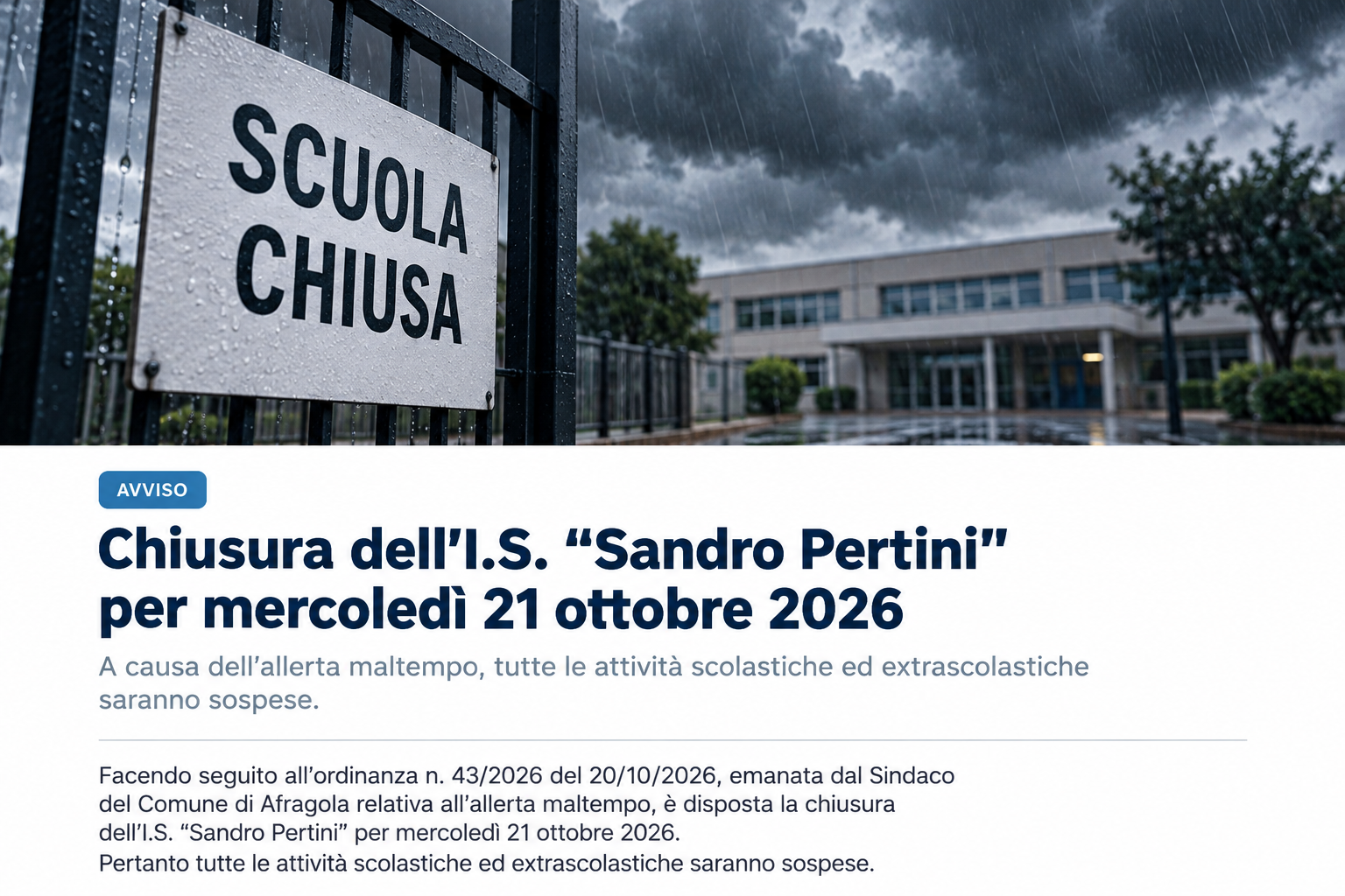 Allerta meteo: chiusura della scuola mercoledì 21 ottobre 2026